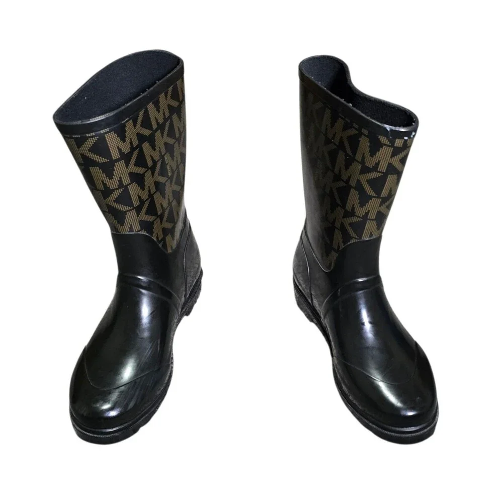 Michael Kors Rain Boots Womens Size 8 Signature MK Logo Brown Waterproof